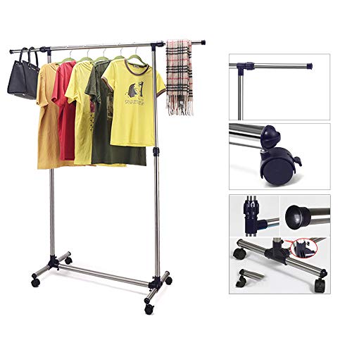 Sinbide Perchero con Barra para Colgar Ropa, Ajustable con Ruedas, Perchero Burro de Metal Plegable y Extensible, Acero Inoxidable, Altura Ajustable 100-170cm, Longitud Ajustable 94-170cm (E)