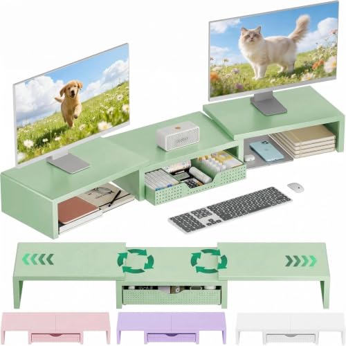 Image of OPNICE Dual Computer Monitor Stand Riser, Desk Organizer with Drawer, Office Desk Accessories & Workspace Organizers for Home Office Supplies, Green