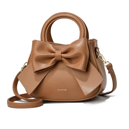 NICOLE & DORIS Cute Crossbody & Shoulder Bags - Mini PU Leather Top Handle Bags with Bowknot - Brown