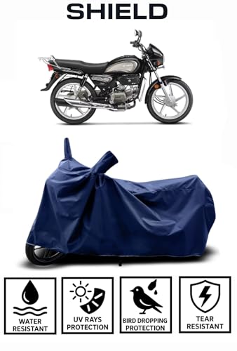 Image of Shield Heavy Duty Bike Cover for Hero Splemdor Plus | All-Season, Tear-Proof Fabric | with Side Mirror Pocket & Buckle Belt | Hero Splemdor Plus Bike Cover (Blue)