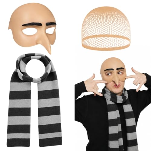 JcunYcb Bald Cap Halloween Costume 3 PCS Adult Bald Caps and Accessories Set with Scarf Bald Cap Long Nose Hair Nets Bald Caps for Cosplay Halloween Party Adult Pretend Play