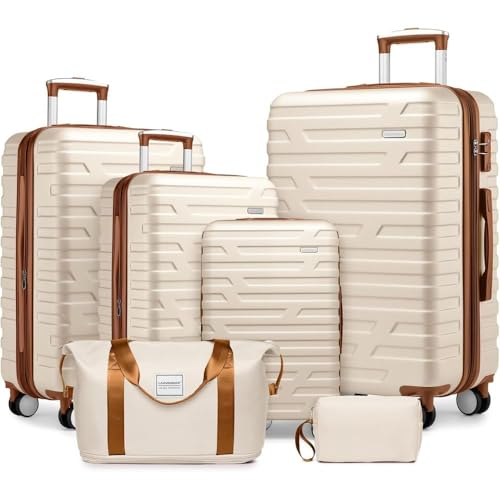 Luggage Sets 6 Piece with Duffel Bags, Hardside Expandable Suitcases with Spinner Wheels TSA Lock (Cream+Brown + ABS)