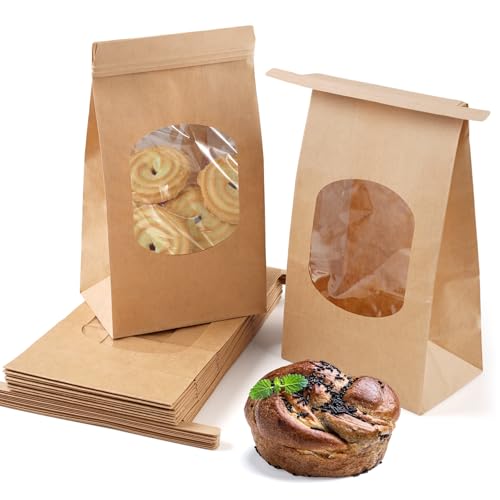25 Artículo Bolsas de Papel Kraft Bolsas de Comida con Ventana, Papel Embalaje de Alimentos con Ventana Sellable, de Panadería para Galletas, Dulces, Chocolate, Pan (9 cm X 6 cm X 17 cm, Marrón)