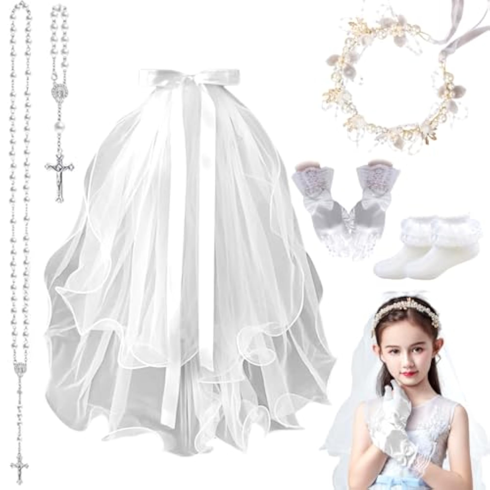 6pc First Communion Veil Set for Girls, Bow Veil & Gloves