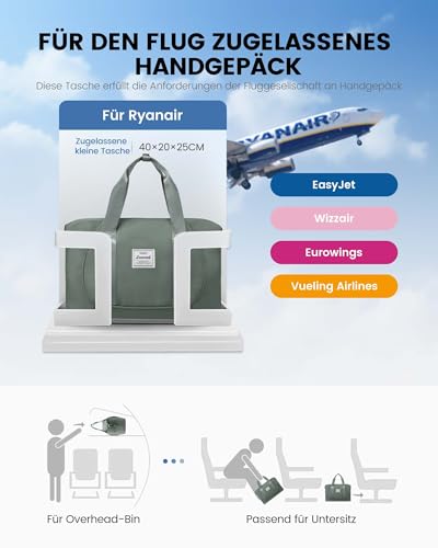 LOVEVOOK Ryanair Handgepäck 40x30x20, Erweiterbare Kleine Reisetasche Handgepäck Tasche für Flugzeug, Faltbare Cabin Travel Bag Weekender Carry On Luggage für Damen Herren, Grün