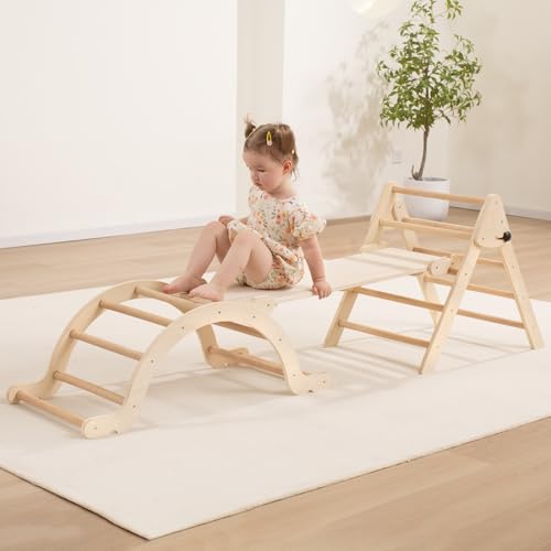 Image of Giant bean Foldable Wooden Pikler Triangle Climbing Set with Sliding Ramp & Arch - 5-in-1 Montessori Toddler Jungle Gym for Indoor Playground