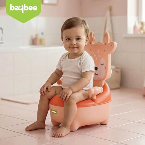Image of Baybee Deer Baby Potty Seat for Kids 2 to 5 Years with Back Support | Foldable Toilet Seat with Removable Drawer & Cleaning Brush | Premium Potty Training seat | Kids Toilet Chair Boys Girls (Orange)