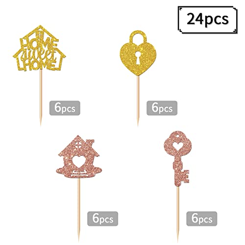 24Pcs Sweet Home Cupcake Topper, New Home Theme Party Supplies, Key And Lock Housewarming Sign Cupcake Picks, Welcome Home - Best Wishes For New Home Party Favors #TOP1