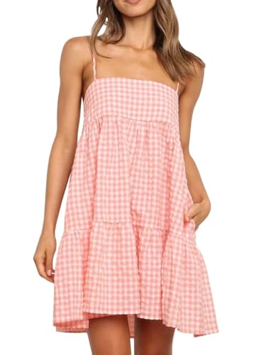 Image of Wenrine Womens Summer Plaid Mini Dress Spaghetti Strap Beach Sundress