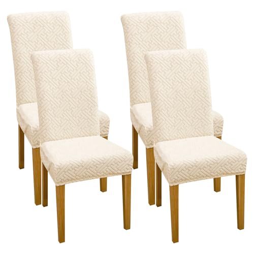 FORCHEER Chair Covers for Dining Chairs 4 Pack Beige Jacquard Stretch Parsons Chair Slipcovers Washable Removable