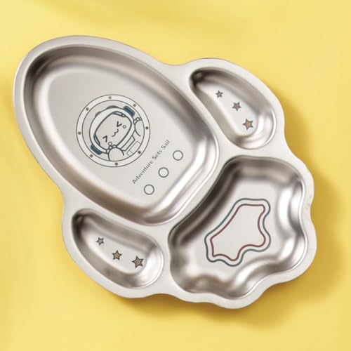Image of Basil Stainless Steel Plate for Kids - Kids Plates for Food with 4 Compartments - Dinner Plates for Baby - Unbreakable Dinner Plates - Ideal for Birthday, Return Gifting - BPA-Free - Rocket Plate Dino