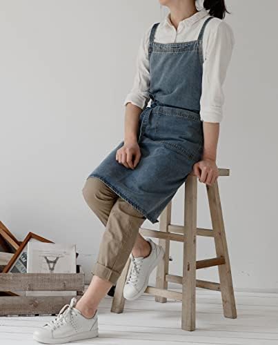 Pincy Denim Apron Cross Back, Unisex Adjustable Bib Apron with Pockets for Cooking Kitchen
