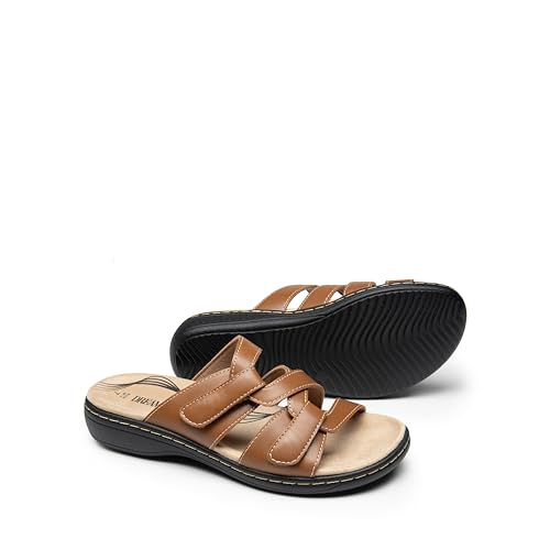 Image of DREAM PAIRS Women's Slides Arch Support Slip on Flat Sandals Wide Plantar Fasciitis Soft Cushion Slippers With Adjustable Straps