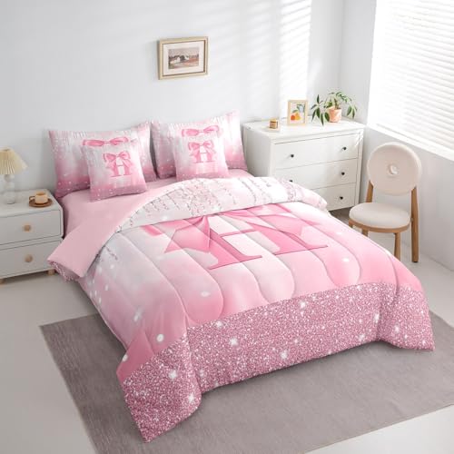 Image of Feelyou Kids Pink Bowknot 7 Pieces Bedding Set Queen Size, Personalized Initial H Bed in A Bag Princess Glitter Comforter Set with Sheets Boys Girls Bow Alphabet Teens Bed Set Bedroom Decor 7Pcs