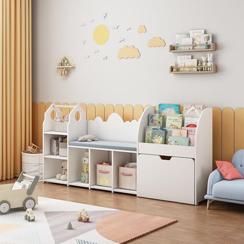 HOMMOW 67' Kids Reading Nook with Bench, Toy Storage Organizer with Seat Cushion, 6 Storage Cubbies...