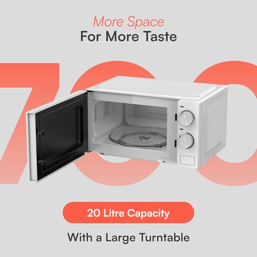 Cookology 20L Freestanding Microwave - 700W Power - 24.5Cm Turntable - 5 Power Modes & Easy‑To‑Use Dial Timer - Quick Defrost Setting - White - 5