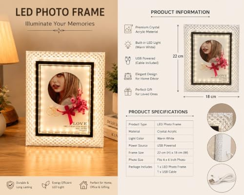 Image of LED Photo Frame with Built-in Warm White Light - Crystal Acrylic Glowing Picture Frame for 4x6 Inch Photos, USB Powered Elegant Desktop Decor for Home, Office, and Gifting