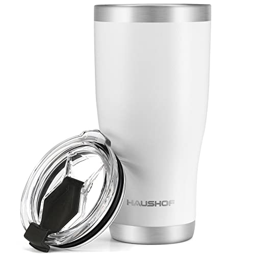 HAUSHOF 20 oz Tumbler, Stainless Steel Vacuum Insulated Coffee Tumbler Water Cup, Double Wall Travel Mug with Lid, Perfect for Hot and Cold Drinks Whi