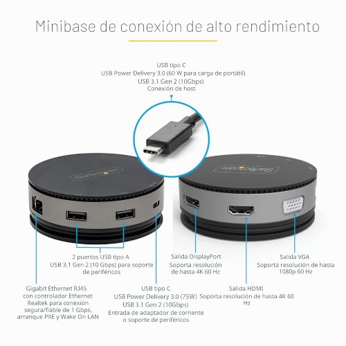Mini Dock USB-C de StarTech con HDMI DP 4K 60Hz o VGA y Ethernet 2