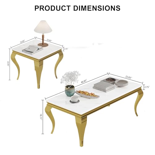 Image of Luxury Coffee Table Set of 2, Rectangular Coffee Table with End Side Table, Modern 2 Piece Living Room Table Set with Faux Marble Top & Gold Stainless Steel S Legs for Apartment Home Office