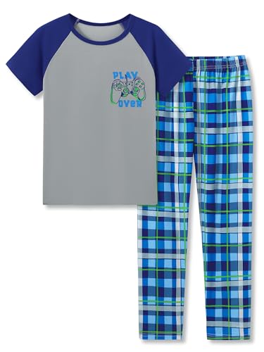 Beezizac Pajamas for Boys PLAY OVER Plaid Gamer 2-Piece Short Sleeve & Pants Cozy PJ Set Kid Sleepwear Size 12