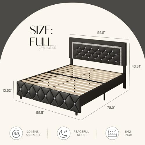 HOMBCK Full Size Bed Frame, Upholstered Bed Frame Full with Diamond Tufted Headboard, Faux Leather Headboard & Footboard, Wooden Slats Support, No Box Spring Needed, Easy Assembly, Black