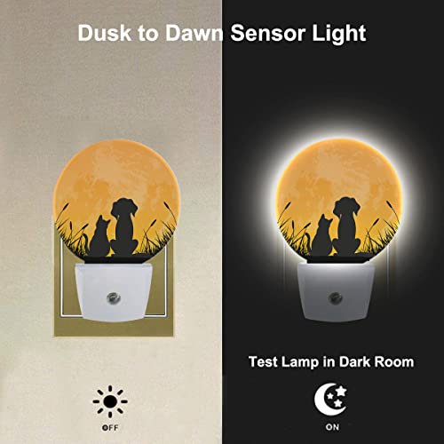 Image of Best Friends Night Light Cute Dog and Cat on The Moon Night Lights Plug into Wall 0.5W LED Lighting Auto on /Off for Hallway Stairway Kitchen Home Decor