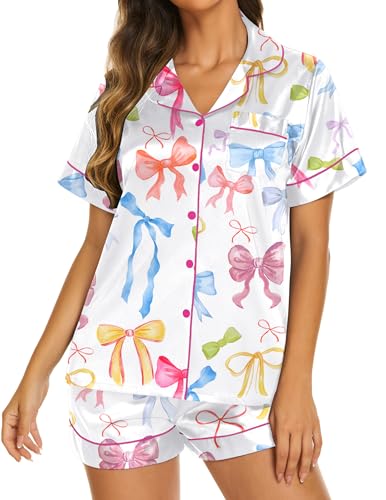 Image of Ekouaer Silk Pajamas for Women Short Sleeve Sleepwear Soft Button Down Loungewear 2 Piece Satin Pjs Shorts Set