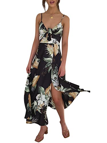 Image of Fashionme Women Spaghetti Strap Midi Satin Dresses Tie Front Backless Slit Cutout Dress Semi-Formal /Casual Flowy Lightweight
