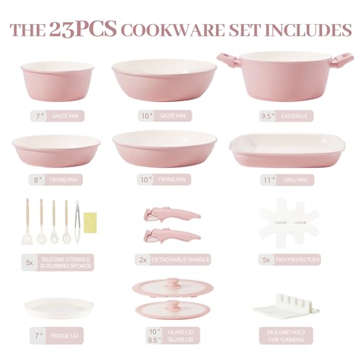 Image of Ceramic Cookware Set Non Stick 23Pcs Pots and Pans Set Non Toxic with Detachable Handle Induction Kitchen Cookware Set Space Saving, Oven & Dishwasher Safe, Pink