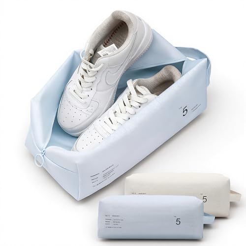 Lammcou Reise Wasserdicht Schuhbeutel, 2er Sport Schuhtasche mit Reißverschluss, Schuhbeutel Reise für Gym, Koffer, Schwimmen, Tages- und Fitness Schuhe, 32x15x12cm (White+Blue)