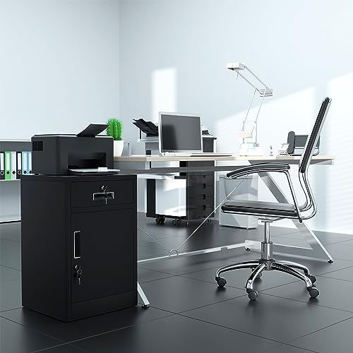 JINGUR Aufbewahrungsschrank aus Metall mit verriegelbarer Tür und Schublade, abschließbare Schubladenkommode mit verstellbarem Einlegeboden für Zuhause, Büro, Schlafzimmer, Wohnzimmer (schwarz)