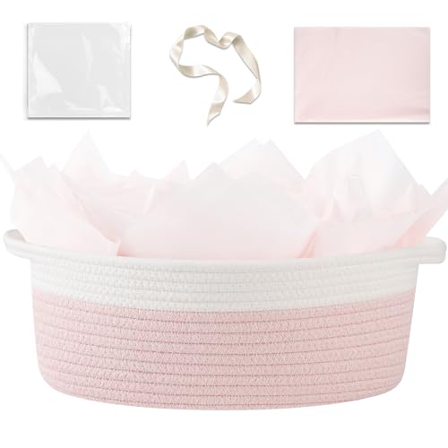 OIAHOMY Gift Basket Empty with Handle, 13.4"x 10"x 5.5" Small Woven Basket with Gift Bag, Ribbon and Wrap Tissue Paper, Dog Toy Storage for Organizing - Pink & White by OIAHOMY - Used condition - CA$22.44