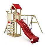 Wickey Spielturm Klettergerüst MultiFlyer Light, Schaukel & roter Rutsche, Outdoor Kinder Kletterturm mit Sandkasten, Leiter & Spiel-Zubehör für den Garten