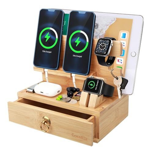 Gocokia Multifunctional Bamboo Stands, Dual Cell Phone Holder, Tablet Storage Stand, Watch Storage Hanger
