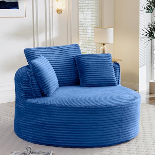 Image of Antetek 53.5-inch Round Chair, Modern Accent Corduroy Comfy Deep Seat Boneless Foam Floor Single Circle Chaise Sofa Chair with 3 Pillows for Living Room Bedroom Office, No Assembly Required, Blue