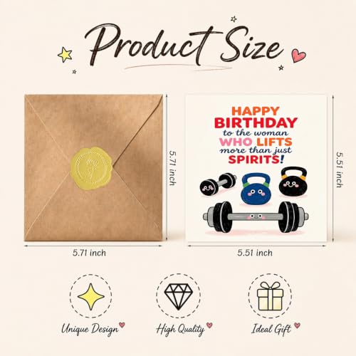 Funny Gym Birthday Card for Women with Envelope & Sticker, 14x14cm - Image 2