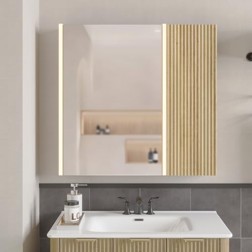 Armario de baño iluminado con espejo, 30 x 28 pulgadas, armario de pared para baño con almacenamiento, luces LED, estantes ajustables, color natural miniatura 1
