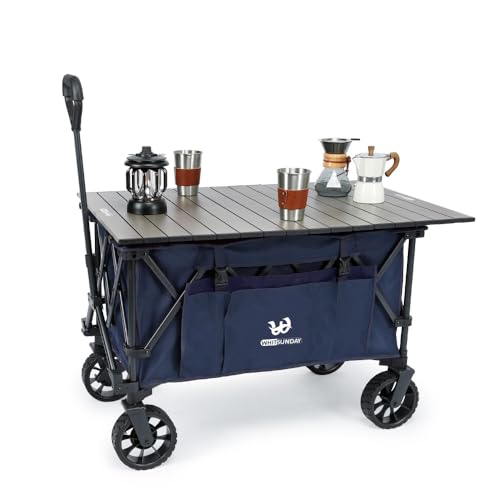 Whitsunday Folding Collapsible Utility Wagon, 400Lbs Heavy Duty Outdoor Park Beach Wagon with Table and Side Pocket for Garden Camping Sports Shopping Dark Blue
