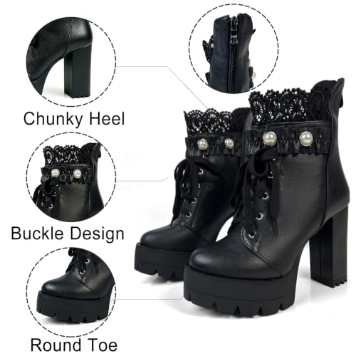 Image of FOREADA Goth Boots Chunky Heel Boot For Women Ankle Combat Booties Black Platform Bootie Buckle Rivets Punk Goth Shoes With Zipper