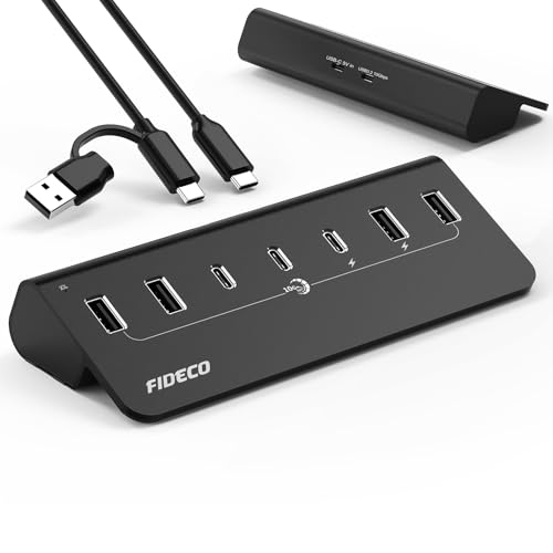 FIDECO Powered USB Hub, 7 Port 10Gbps Fast Data Hub for iPhone 16/15 and Laptop, Full Aluminum USB Splitter with 5V 3A Power Adapter, 4 USB A and 3 USB C Ports, Support BC1.2 Charging (Black)