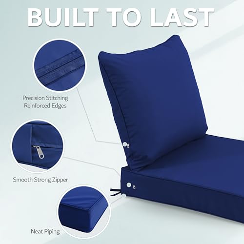 Image of 24x24 Inch Outdoor Chair Cushions Set of 2, Patio Furniture Cushions - Removable Cover, Water-Repellent, Fade-Resistant, Non-Slip Bottom & Straps, Replacement for Deep Seat Sofa & Couch - Navy