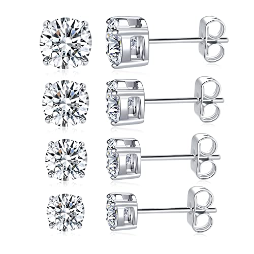 MDFUN Titanium Stud Earrings Set Hypoallergenic Cubic Zirconia Round Surgical Stainless Steel 4 Prong Stud Earring Jewelry for Women Men 3-8mm