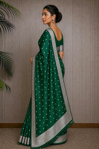 Image of Women's Glory Kanjivaram Banarasi Silk Saree with Polka Dot Embroidery Blend Woven Zari with Jacquard Woven Unstitched Blouse Piece.