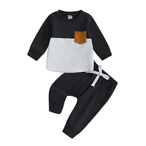 Image of MERSARIPHY Infant Baby Boy Fall Outfits Baby Boy Girl Clothes Set Color Block Baby Sweatshirt Long Pants with Pockets