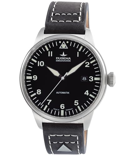 Dugena Herren-Armbanduhr Kappa 7 Airtrip, Automatik, schwarzes Zifferblatt, Edelstahlgehäuse, Saphirglas, Lederband, Dornschließe, 5 bar (Lederband schwarz)