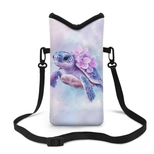 Image of Neoprene Crossbody Phone Case Lightweight Smartphone Wallet Shockproof & Waterproof for Cellphone, Keys & Power Bank - Sea Turtle Flower Violet
