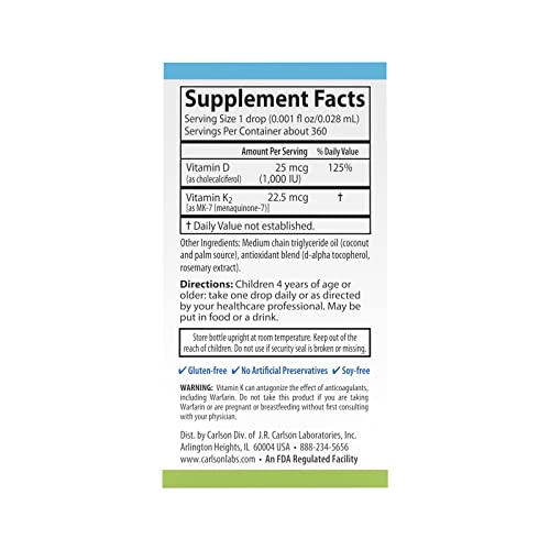 Carlson - Kid's Super Daily D3+K2, 25 Mcg (1,000 Iu) D3 & 22.5 Mcg K2, Vitamin D Drops With Vitamin K2, Liquid Vitamins, 1000 Iu Vitamin D3, Heart & Bone Health, 1-Year Supply, Unflavored, 360 Drops #TOP2