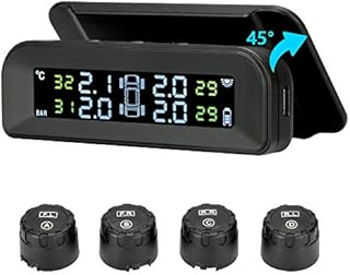 Tire Pressure Monitoring System Wireless Solar TPMS, Tire Pressure Monitor Installed on Windowshield with 4 External Sensors Real-time Display Temperature Pressure 22-87 PSI for Car RV SUV MPV Sedan