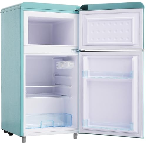 Mini refrigerador compacto de 72 L con congelador, puerta doble retro, 7 niveles de temperatura ajustables y estantes extraíbles para dormitorios, oficinas y dormitorios.,Blue